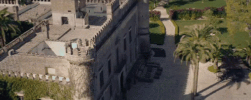 An Aerial View Of A Large Castle With Palm Trees In Front Of It GIF