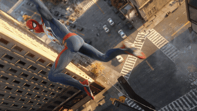 An Aerial View Of A Spider-Man Jumping Over A City Street GIF