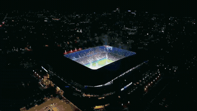 An Aerial View Of A Stadium That Says Real Stadium On The Side GIF