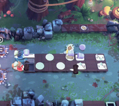 An Aerial View Of A Video Game With A Table With Plates On It And A Purple Item On It GIF