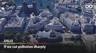 An Aerial View Of Oslo With The Words " If We Cut Pollution Sharply " Below It GIF