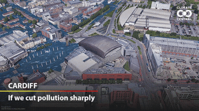An Aerial View Of The City Of Cardiff With The Words If We Cut Pollution Sharply GIF
