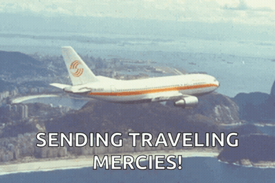 An Airplane Is Flying Over A Beach With The Words Sending Traveling Mercies GIF