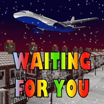 An Airplane Is Flying Over A Snowy Residential Area And The Words Waiting For You Are Displayed GIF