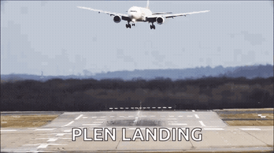 An Airplane Is Taking Off From An Airport Runway And The Words Plen Landing Are Visible GIF