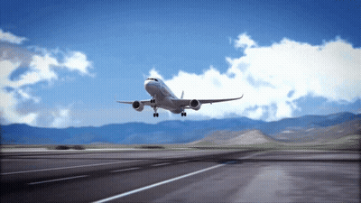 An Airplane Taking Off From An Airport Runway With Mountains In The Background GIF