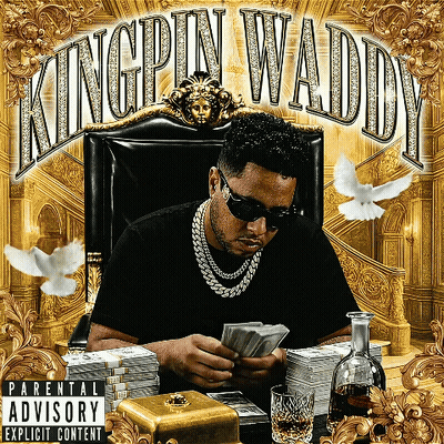 An Album Cover For Kingpin Waddy Shows A Man Sitting In A Throne GIF