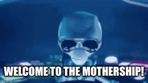 An Alien Is Wearing Sunglasses And A Helmet And Says Welcome To The Mothership . GIF
