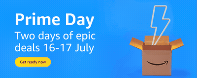 An Amazon Box With A Lightning Bolt Coming Out Of It Says Prime Day Two Days Of Epic Deals 16-17 July GIF