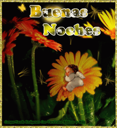 An Angel Is Sleeping On A Yellow Flower With The Words Buenas Noches Written Above It GIF