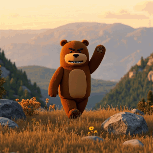 An Angry Teddy Bear Is Walking In A Field With Mountains In The Background GIF