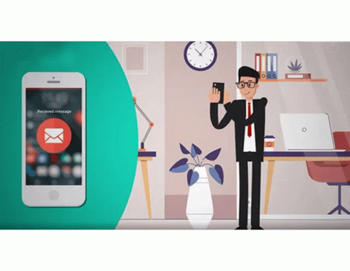 An Animated Cartoon Of A Man Taking A Picture Of A Received Message On His Phone GIF