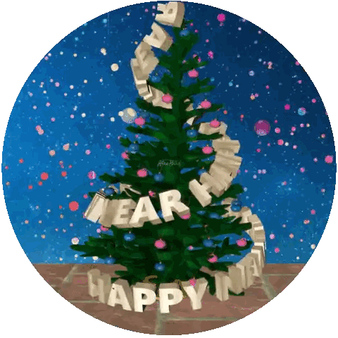 An Animated Christmas Tree With The Words Happy New Year Written On It Sticker