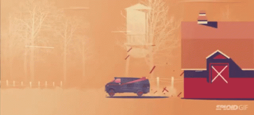 An Animated Gif Of A Car Going Through A Barn GIF