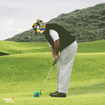 An Animated Image Of A Man Playing Golf With The Words Heute Show On The Bottom Right GIF