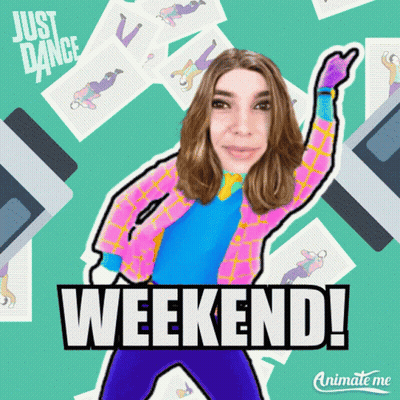 An Animated Image Of A Woman Dancing With The Words Weekend In The Upper Right Corner GIF