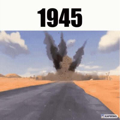 An Animated Image Of An Explosion With The Year 1945 On Top GIF