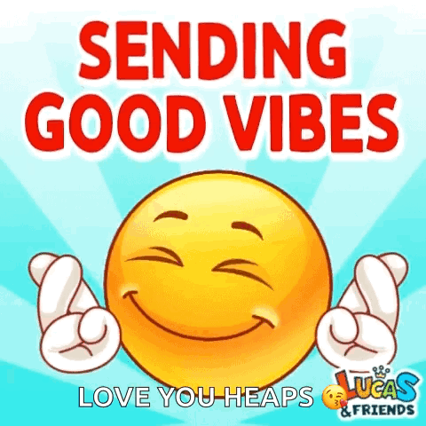 An Animated Smiley Face With The Words Sending Good Vibes Love You Heaps GIF
