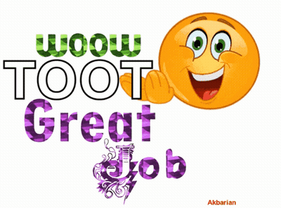 An Animated Smiley Face With The Words Wow Toot Great Job Behind It GIF