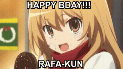 An Anime Girl Holding A Donut With The Words Happy Bday !!! Rafa-Kun Written Below Her GIF