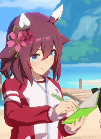 An Anime Girl With A Flower In Her Hair Is Holding A Green Book GIF