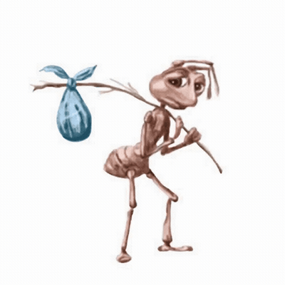 An Ant Is Carrying A Bag On Its Back And A Stick . GIF