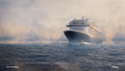 An Artist Rendering Of A Cruise Ship In The Ocean With Disney Written On The Bottom GIF