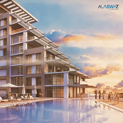 An Artist 'S Impression Of A Building With A Large Swimming Pool In Front Of It GIF