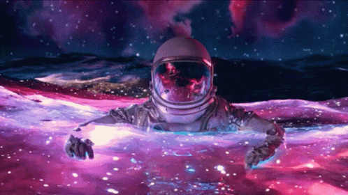 An Astronaut In A Space Suit Is Floating In A Pink And Purple Liquid GIF