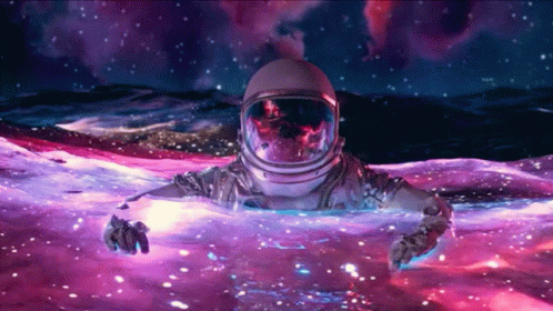 An Astronaut In A Space Suit Is Floating In A Purple Space GIF