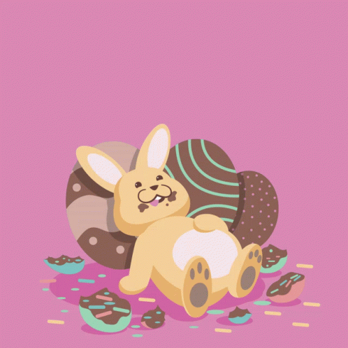 An Easter Bunny Is Laying On A Chocolate Egg With The Words Felices Pascuas Written Above It GIF