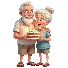 An Elderly Couple Holding A Birthday Cake With Candles Sticker