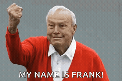 An Elderly Man In A Red Sweater Is Holding His Fist In The Air And Says " My Name Is Frank " GIF