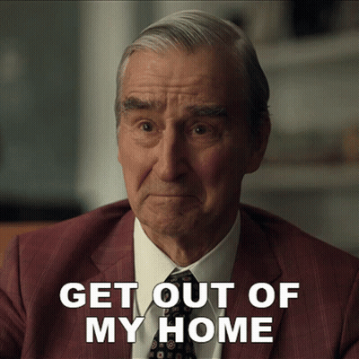 An Elderly Man In A Suit And Tie Says Get Out Of My Home GIF