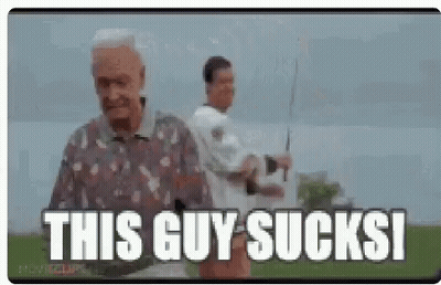 An Elderly Man Is Holding A Fishing Rod And Saying `` This Guy Sucks '' While Another Man Looks On . GIF
