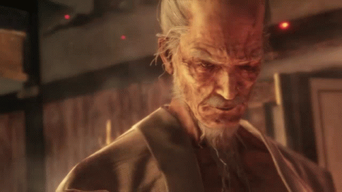 An Elderly Man Is Holding A Sword With Blood On It In A Video Game . GIF