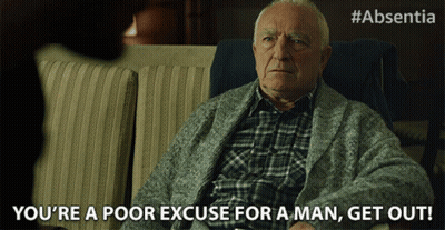 An Elderly Man Is Sitting On A Couch And Says " You 'Re A Poor Excuse For A Man Get Out " GIF