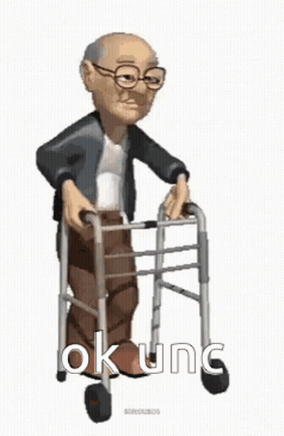 An Elderly Man Is Using A Walker With The Words `` Ok Ung '' Written On It . GIF
