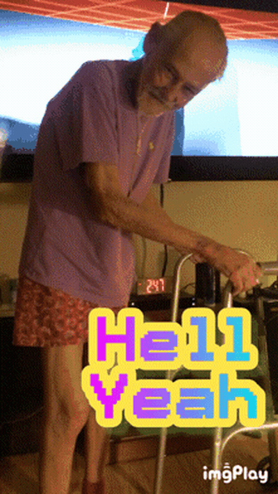 an elderly man using a walker with the words hello yeah on the bottom right