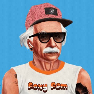 An Elderly Man Wearing A Hat And Glasses Is Wearing A Shirt That Says Foxy Fam GIF