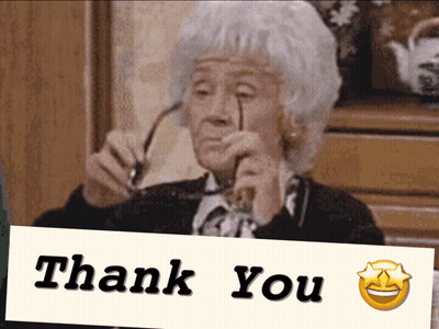 An Elderly Woman Adjusting Her Glasses Next To A Thank You Message GIF