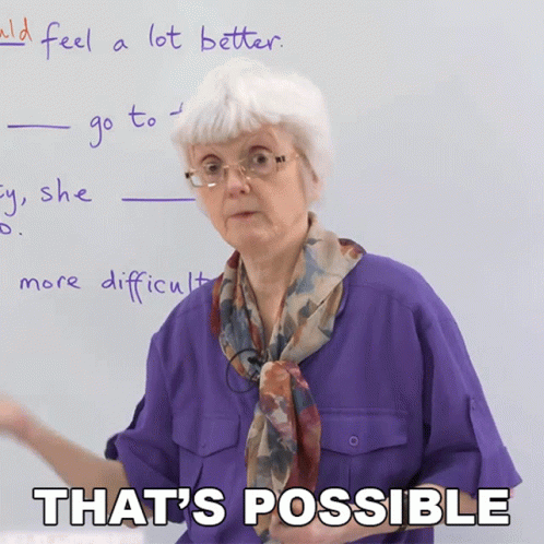 An Elderly Woman In Front Of A White Board With The Words That 'S Possible GIF