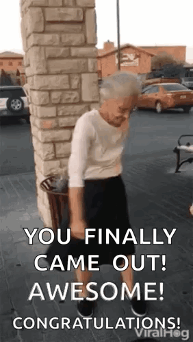 An Elderly Woman Is Dancing In Front Of A Brick Wall And Says `` You Finally Came Out Awesome ! '' GIF