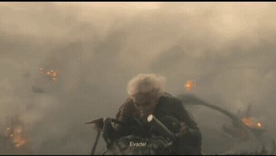 An Elderly Woman Is Flying Through The Air With The Words " Evade " Written On The Bottom GIF