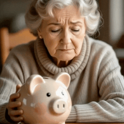 An Elderly Woman Is Holding A Piggy Bank And Looking At It GIF
