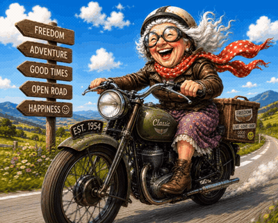 An Elderly Woman Is Riding A Classic Motorcycle On The Road GIF