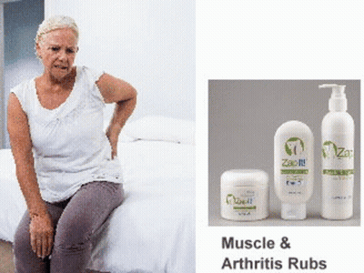 An Elderly Woman Is Sitting On A Bed With Her Back In Pain And A Picture Of Muscle And Arthritis Rubs GIF