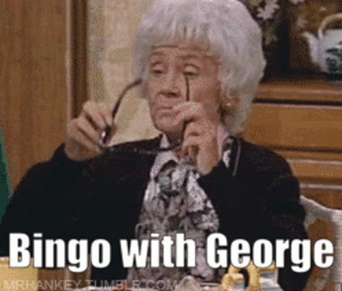 An Elderly Woman Is Wearing Glasses And Says Bingo With George On The Bottom GIF