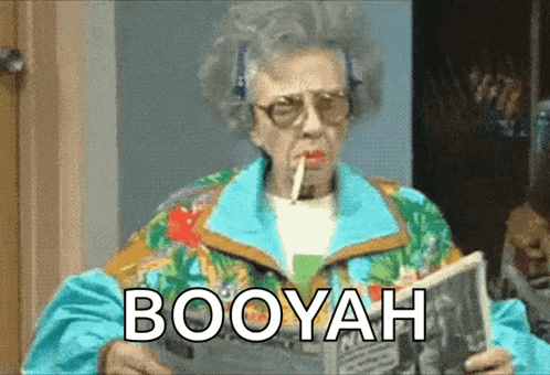 An Elderly Woman Smoking A Cigarette And Drinking From A Straw With The Word Booyah Written In White GIF