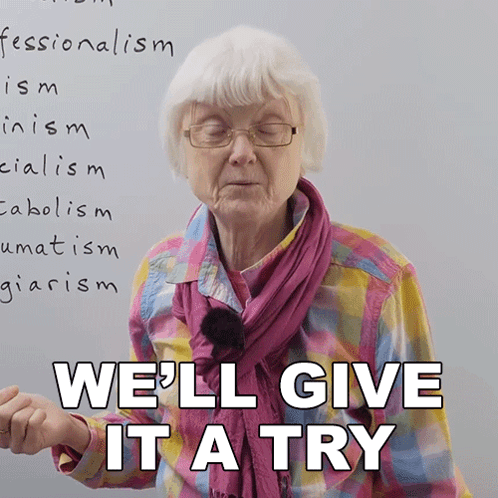 An Elderly Woman Stands In Front Of A Whiteboard With The Words We 'Ll Give It A Try Written On It GIF